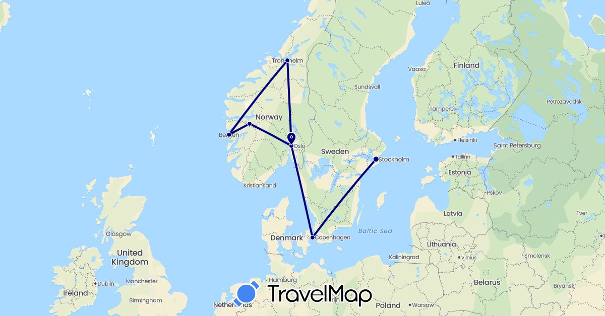 TravelMap itinerary: driving in Denmark, Norway, Sweden (Europe)